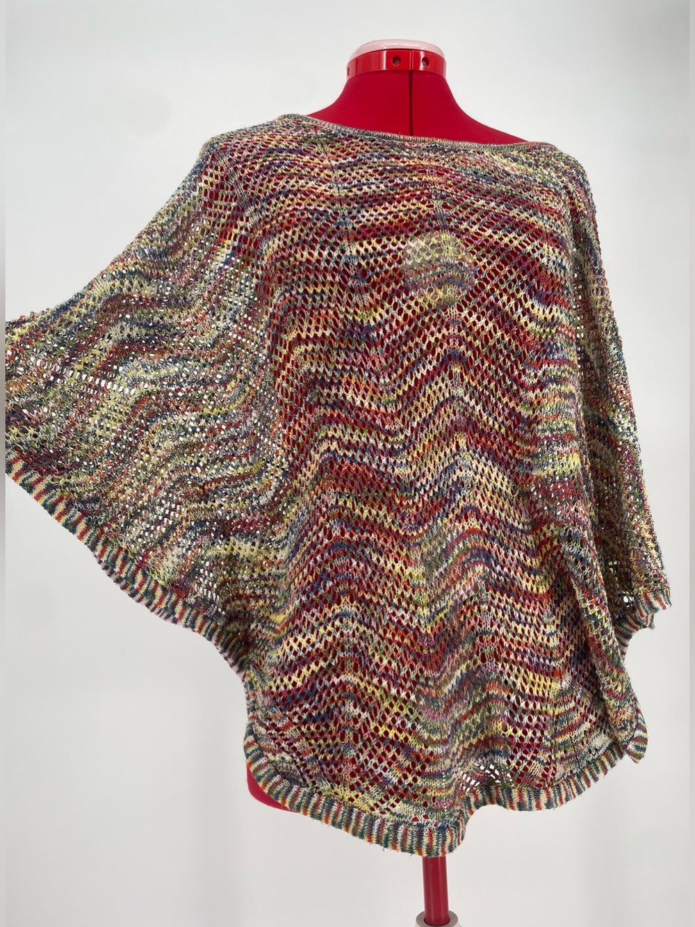 Muted Rainbow Striped Open Knit db Brand Poncho Festival Boho Shawl Tunic Top - Picture 2 of 9